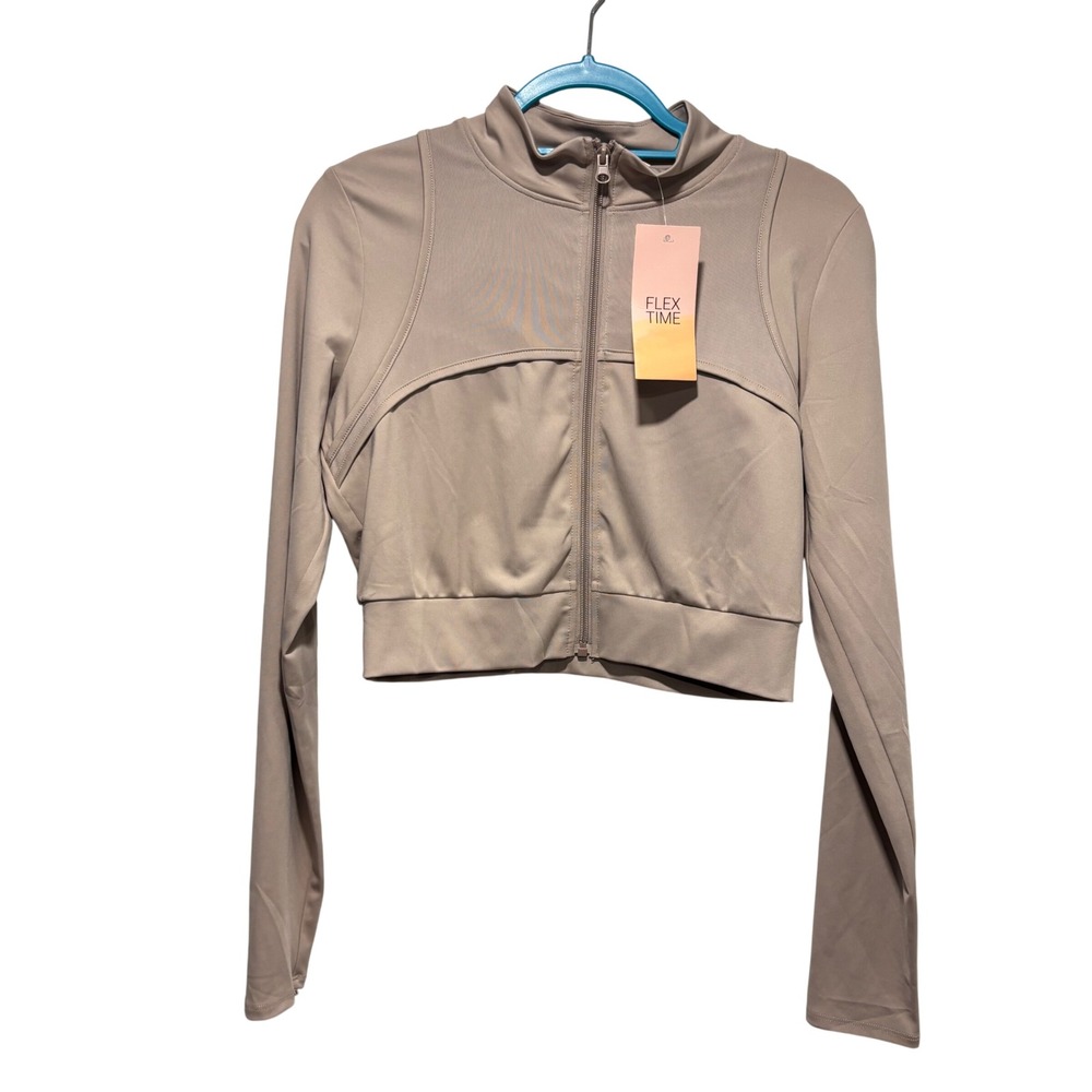 Flex Time Crop Zip Up Jacket Womens Large Taupe Mesh Panel Mock Neck NWT